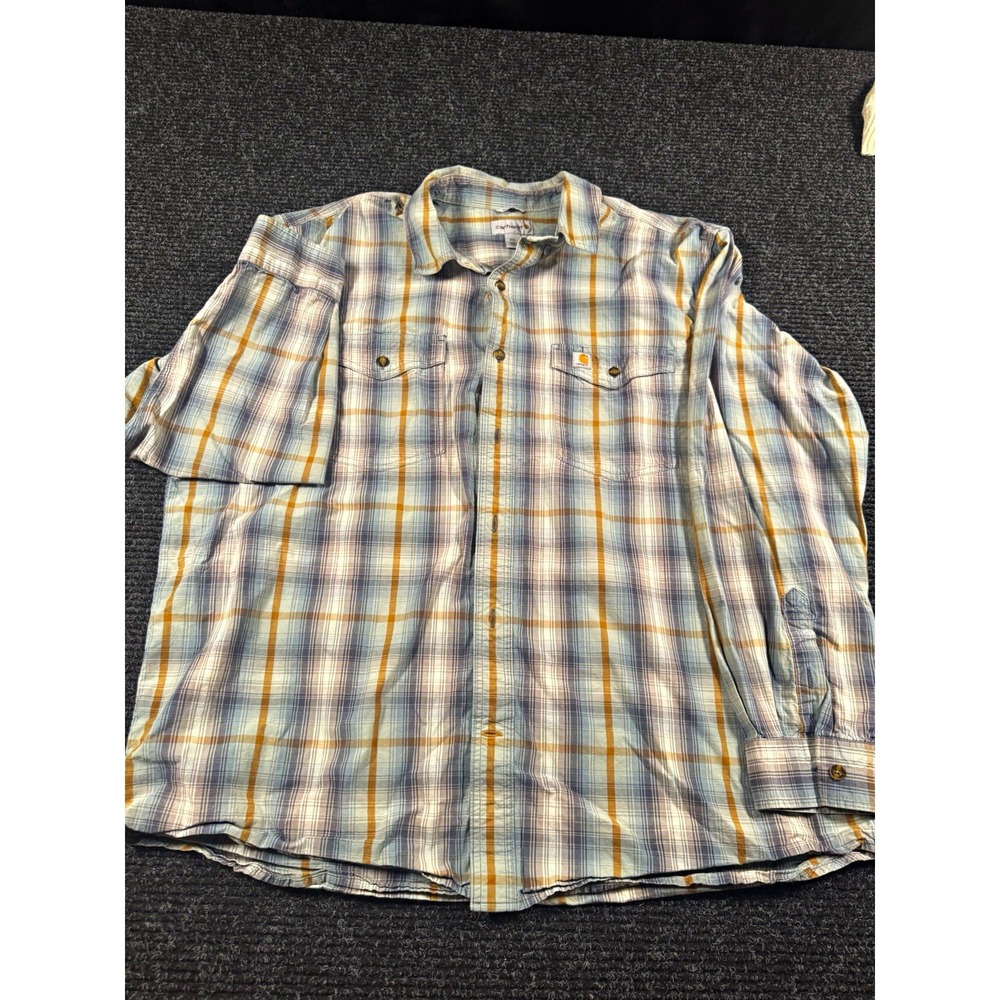Carhartt Mens 2XL Relaxed Fit Plaid Long Sleeve Button Up Work Shirt Blue